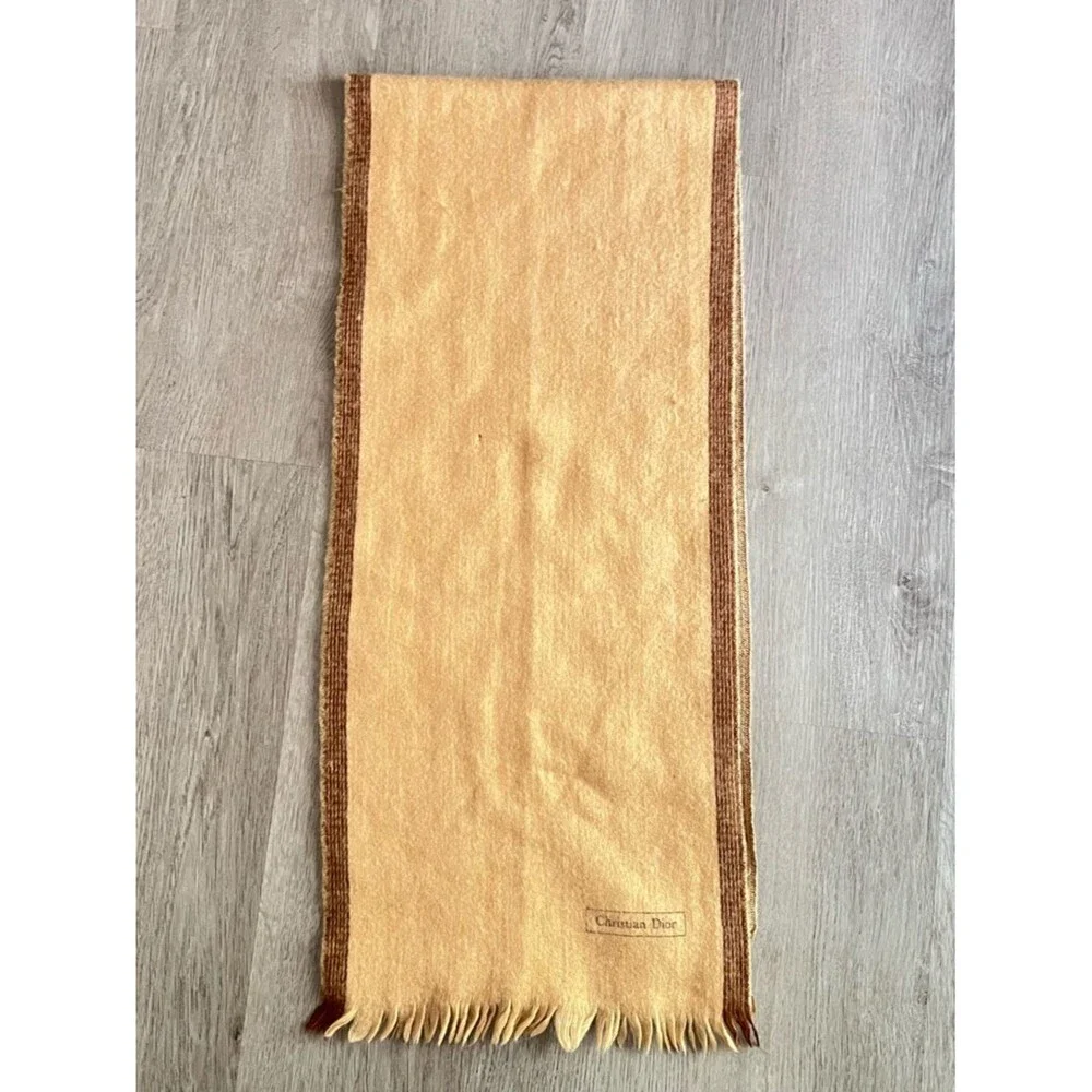 Christian Dior Wool Scarf Beige Fringe Logo Luxury Unisex Winter Wrap
